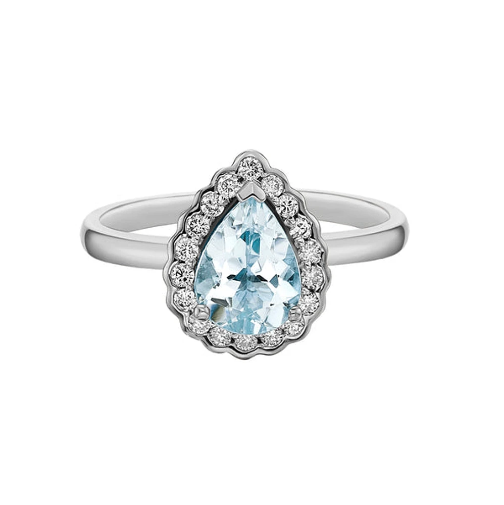 10K Gold Aquamarine ring with diamond halo