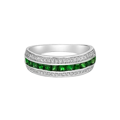 14K White Gold Channel-set Emerald ring with Diamonds