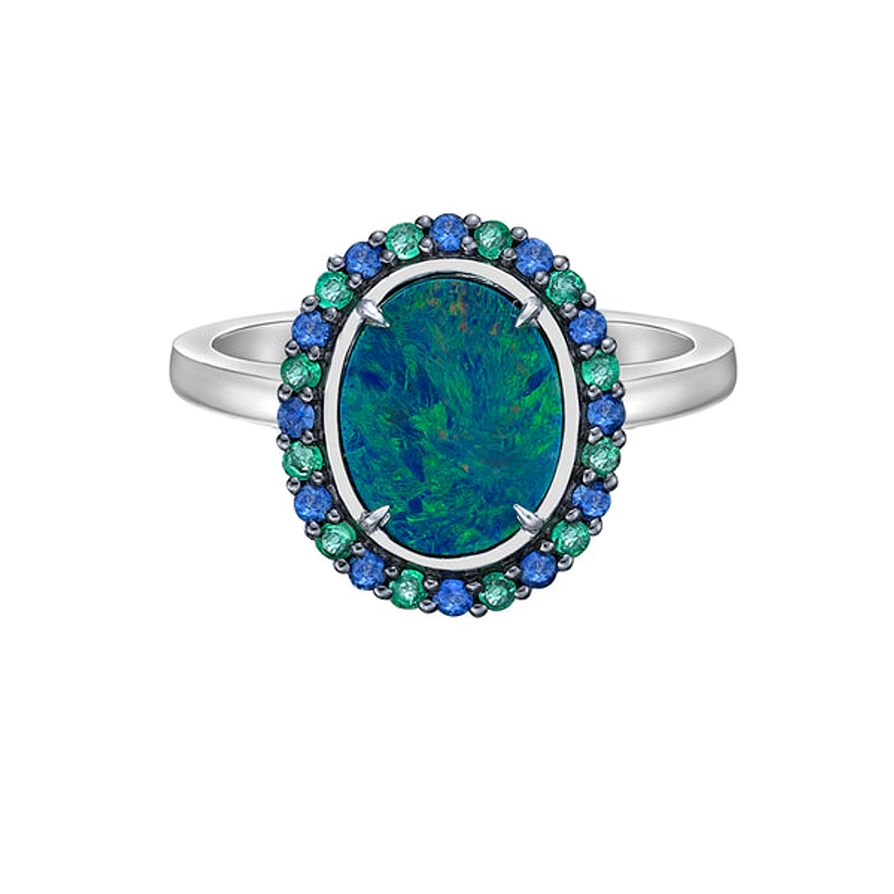 10K White Gold Australian Opal doublet ring with Emerald & Sapphire Halo