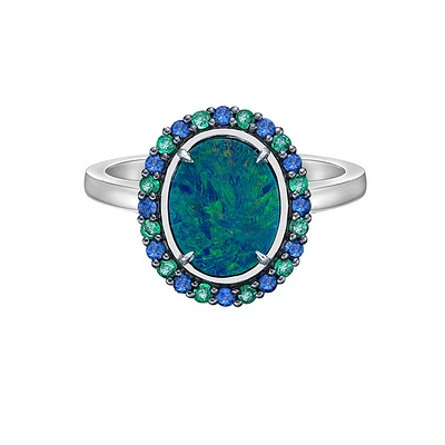 10K White Gold Australian Opal doublet ring with Emerald & Sapphire Halo