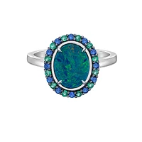 10K White Gold Australian Opal doublet ring with Emerald & Sapphire Halo