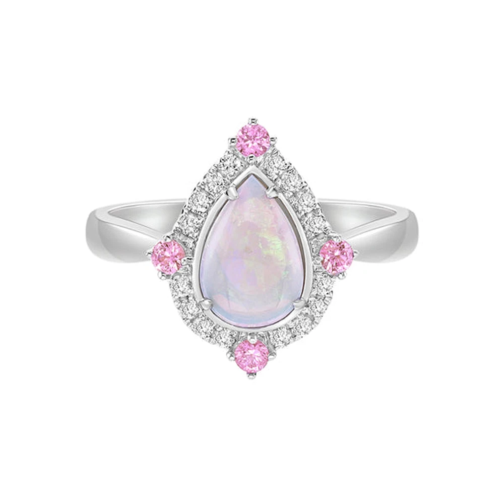 10K White Gold Prong-set White Opal Ring with Sapphires & Diamonds