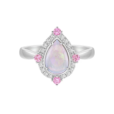 10K White Gold Prong-set White Opal Ring with Sapphires & Diamonds