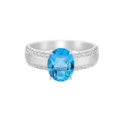10K White Gold Brushed Swiss Blue Topaz & Diamond ring