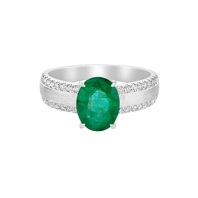 14K White Gold Brushed Emerald & Diamond ring