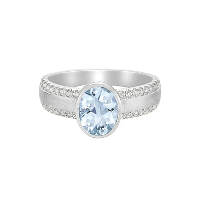 10K White Gold Brushed Aquamarine & Diamond ring