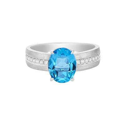 10K White Gold Brushed Blue Topaz & Diamond ring