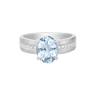 10K White Gold Brushed Aquamarine & Diamond band