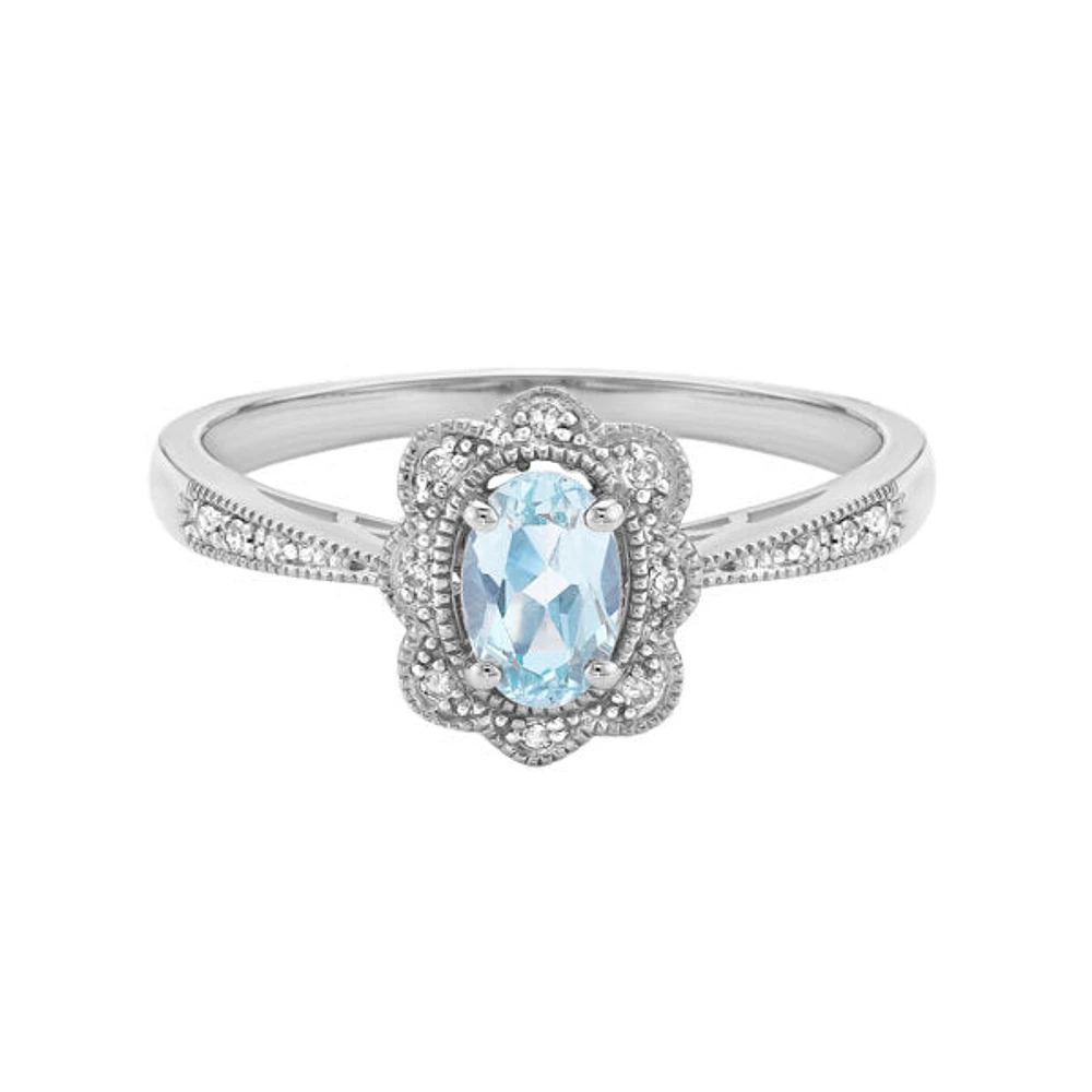 10K White Gold 0.35cttw Aquamarine and 0.055cttw Diamond Ring, size 7