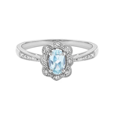 10K White Gold 0.35cttw Aquamarine and 0.055cttw Diamond Ring, size 7