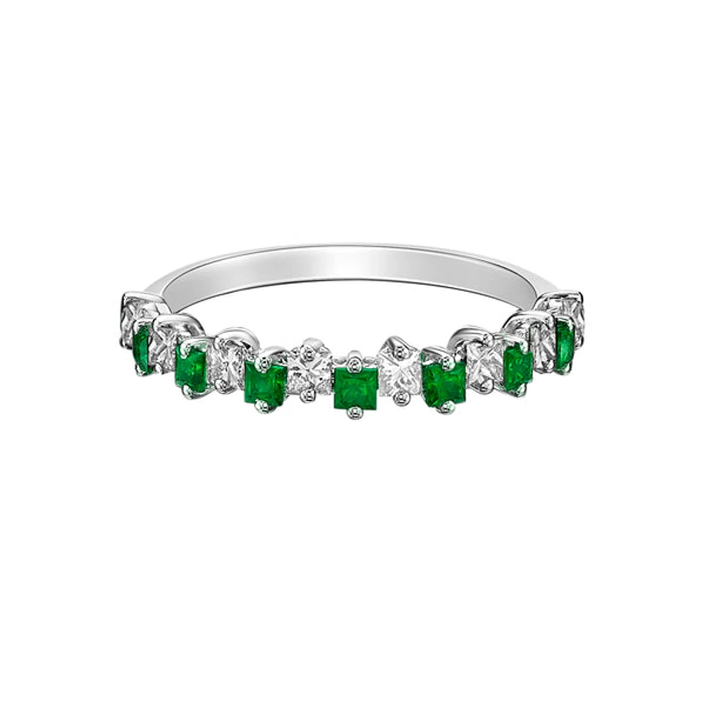10K White Gold Prong-set Emerald & Diamond band