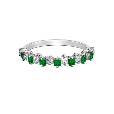 10K White Gold Prong-set Emerald & Diamond band