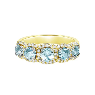 10K Yellow Gold Five stone Aquamarine & Diamond band