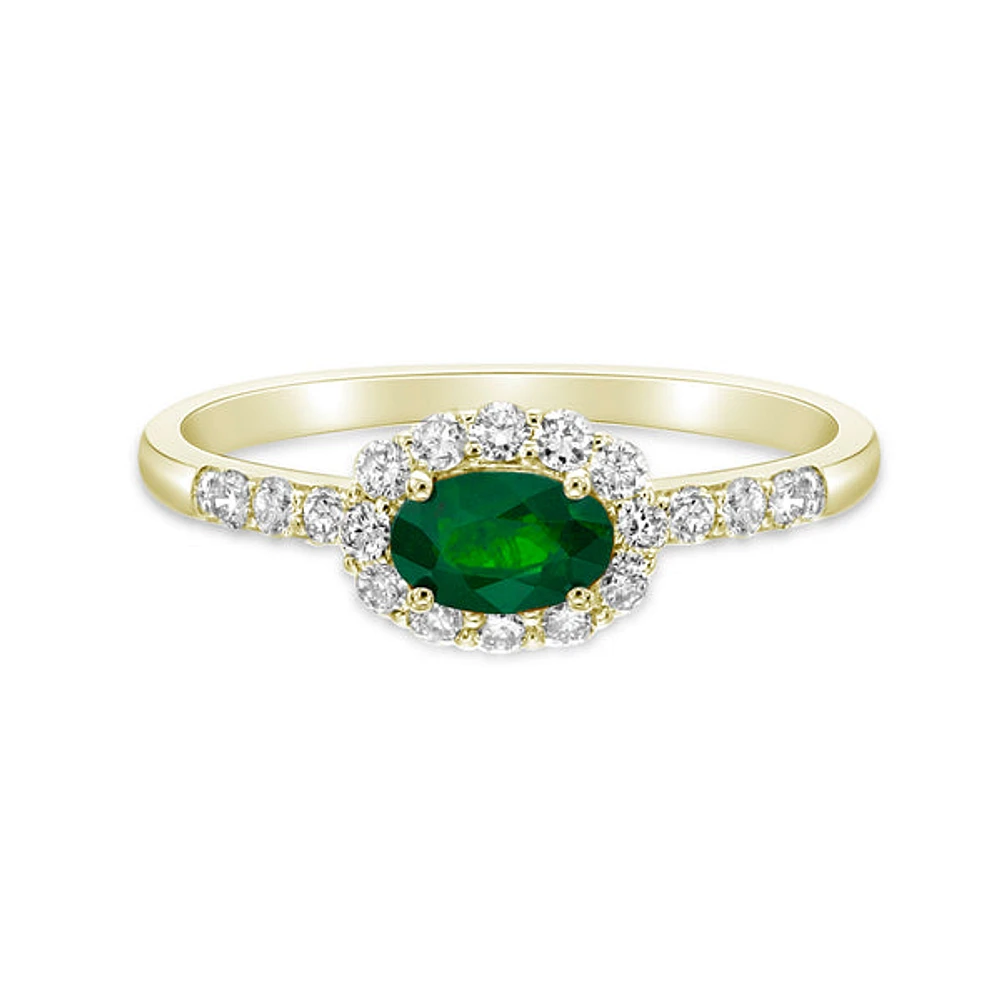 14K Yellow Gold Emerald ring with Diamond halo