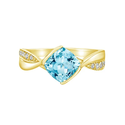 10K Yellow Gold Blue Topaz ring with Diamond accent
