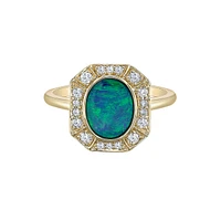 10K Yellow Gold Bezel-set Australian Opal doublet ring with Diamond Halo