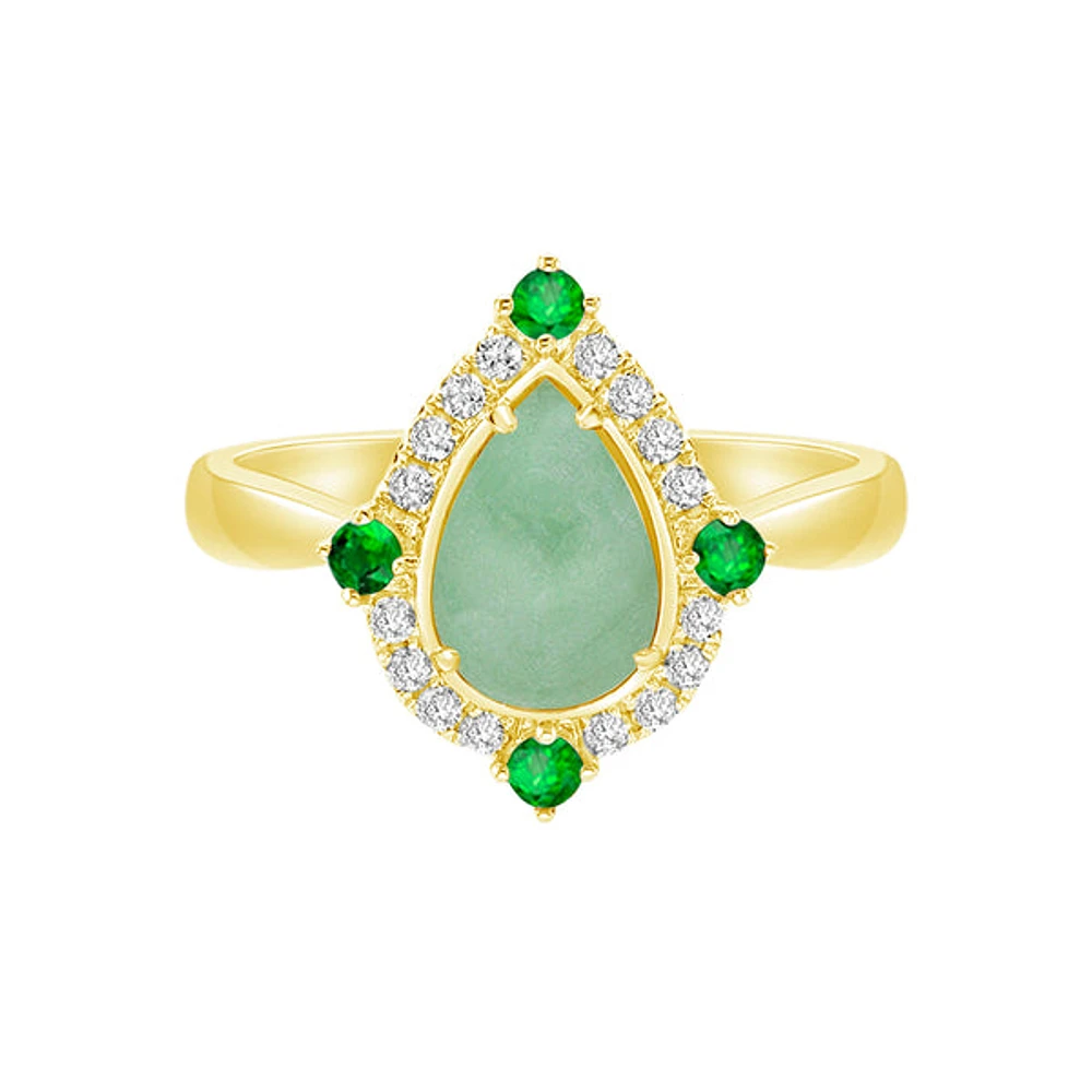 10K Yellow Gold Prong-set Jadeite Ring with Emeralds & Diamonds