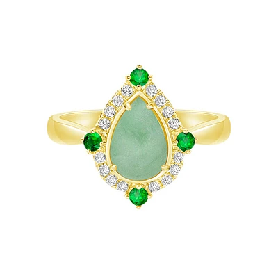 10K Yellow Gold Prong-set Jadeite Ring with Emeralds & Diamonds