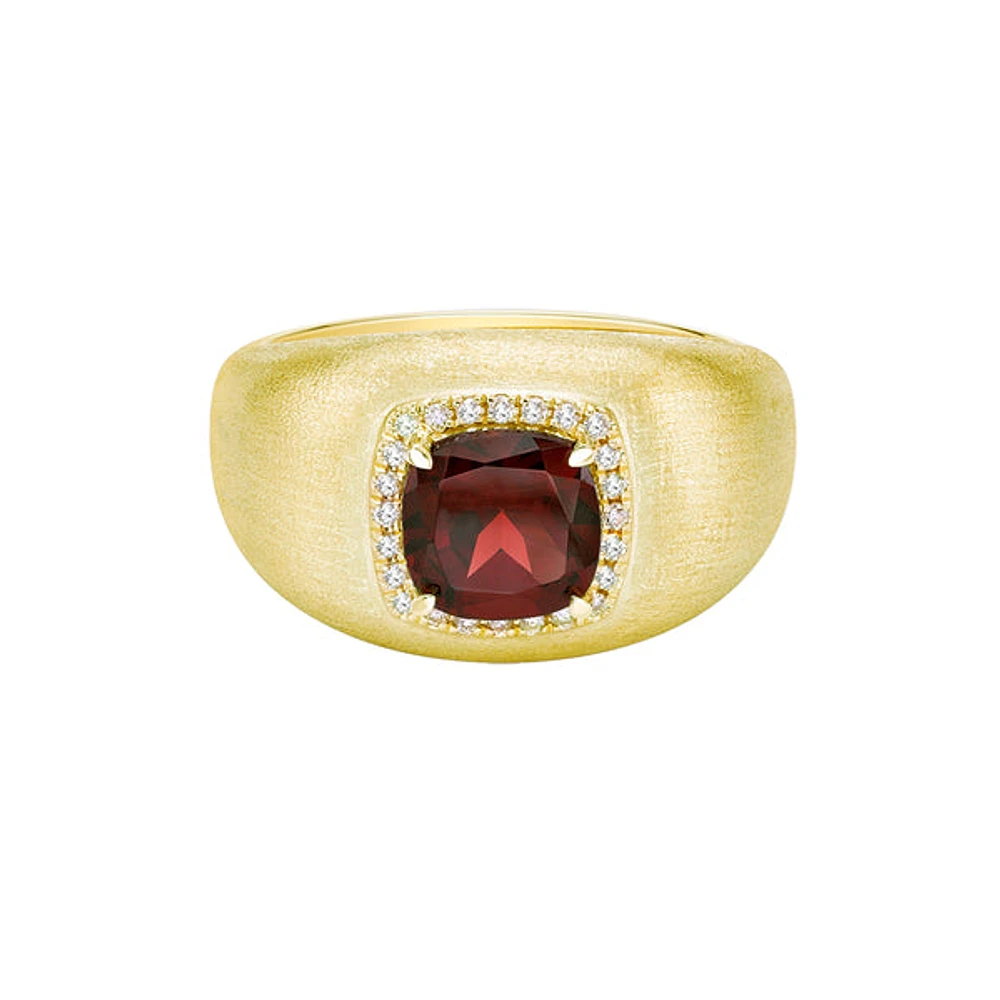 10K Yellow Gold Brushed ring with Garnet & Diamonds