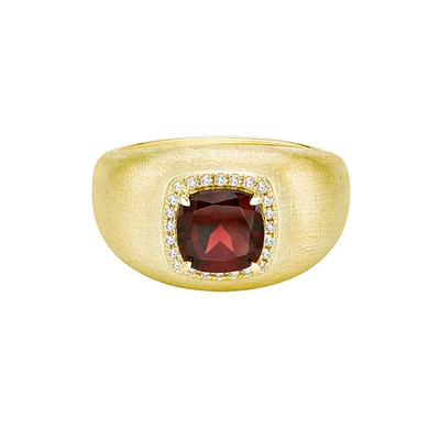 10K Yellow Gold Brushed ring with Garnet & Diamonds