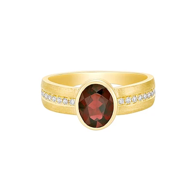 10K Yellow Gold Brushed Garnet & Diamond ring