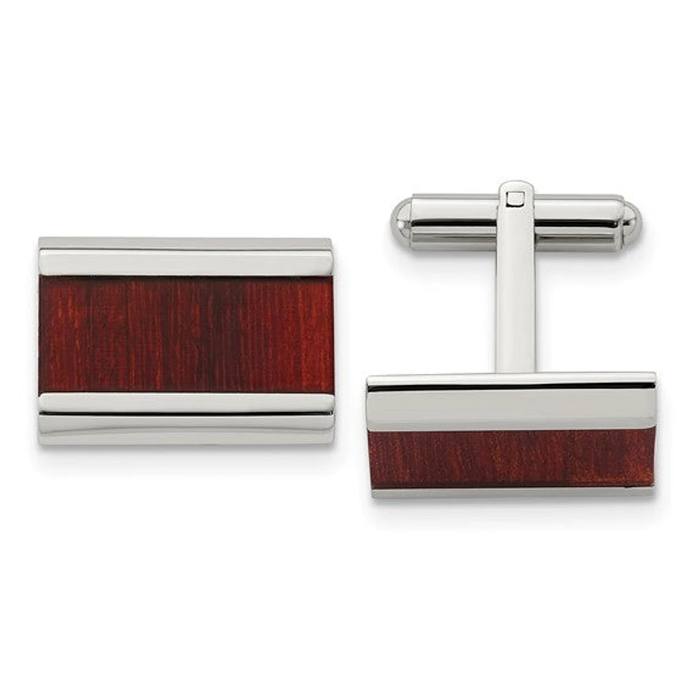 Chisel® Stainless Steel Red Koa Wood Inlay Cuff Links with Polished Finish - Pair