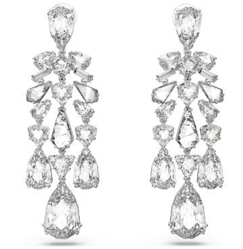 Swarovski Mesmera clip earrings, Mixed cuts, Chandelier, White, Rhodium plated 5661691 - Discontinued