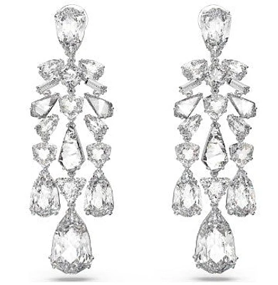 Swarovski Mesmera clip earrings, Mixed cuts, Chandelier, White, Rhodium plated 5661691 - Discontinued