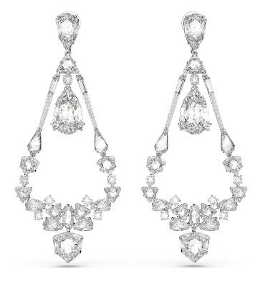 Swarovski Mesmera clip earrings, Mixed cuts, Chandelier, Long, White, Rhodium plated - 5665827 - Discontinued