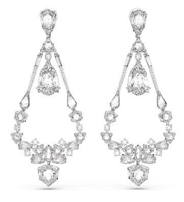 Swarovski Mesmera clip earrings, Mixed cuts, Chandelier, Long, White, Rhodium plated - 5665827 - Discontinued
