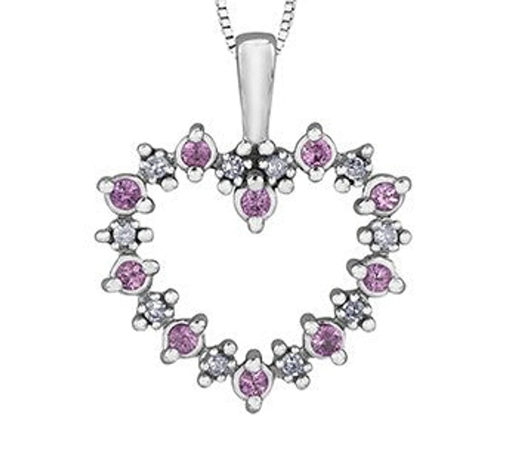 10K White Gold 0.05 cttw Diamond and Pink Sapphire Heart Pendant, 18"