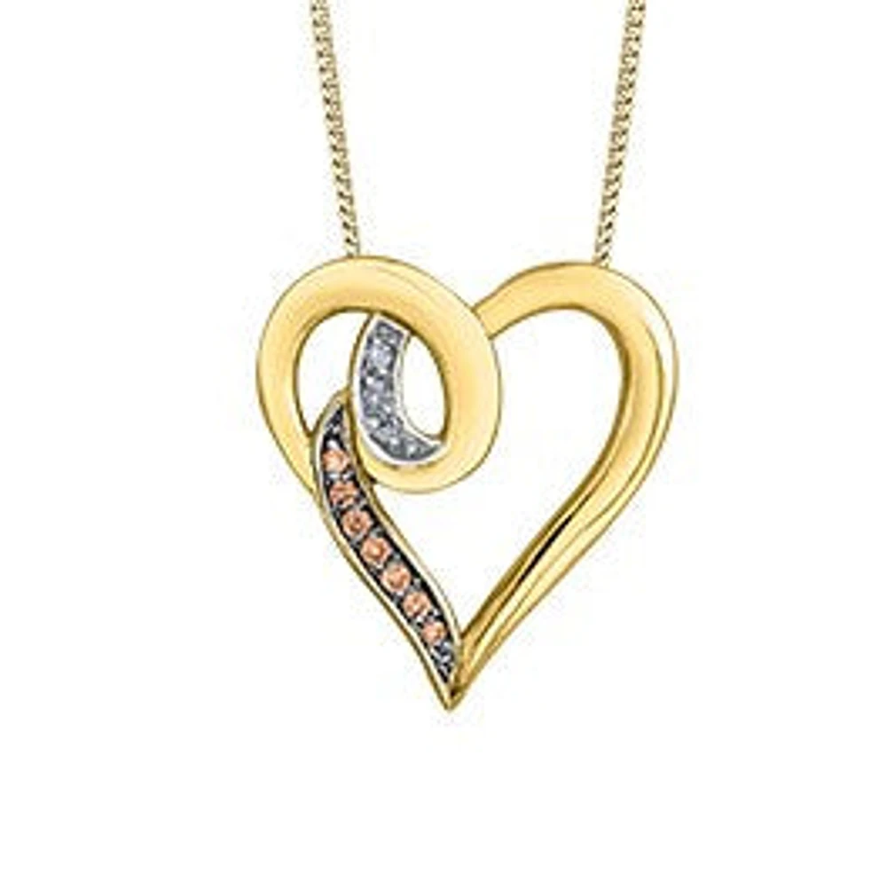 10K Yellow Gold 0.035 cttw Brown Diamond Heart Pendant, 18"