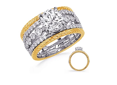 14K White & Yellow Round Brilliant Cut Diamond Ring - Mount Only (No centre diamond) / Gold