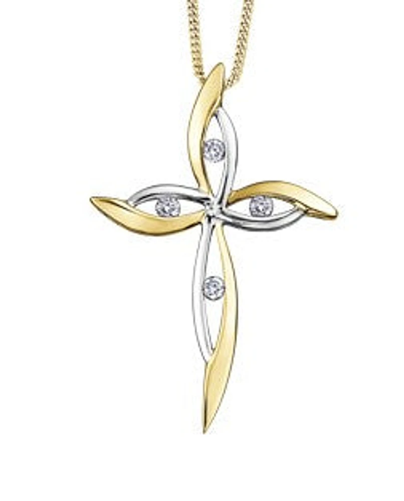 10K White and Yellow Gold 0.08 cttw Diamond Cross Pendant, 18"