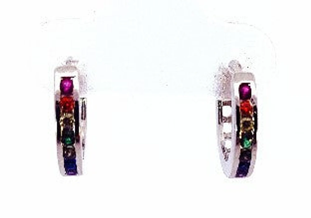 925 Silver Earrings Rainbow Coloured Cubic Zirconia Huggies