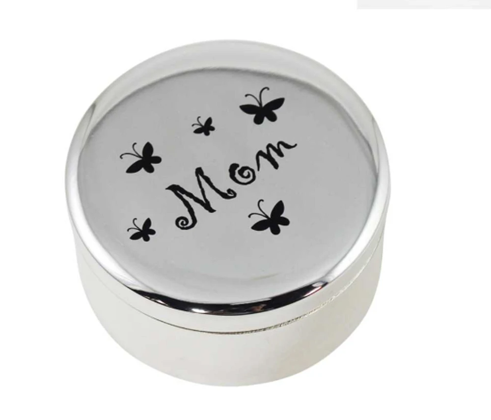 Silver Plated Round "Mom" Trinket Box