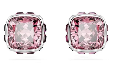 Swarovski Birthstone stud earrings, Square cut, October, Pink, Rhodium plated - 5661960