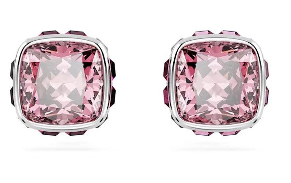 Swarovski Birthstone stud earrings, Square cut, June, Pink, Rhodium plated - 5660799