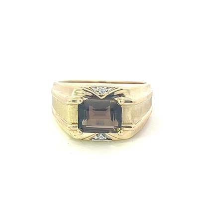10K Yellow Gold Smokey Quartz and 0.016cttw Diamond Gents Ring, size 10