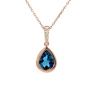 14K Rose Gold Blue Topaz & Diamond Pendant, 18"