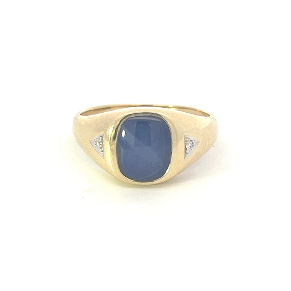 10K Yellow Gold Synthetic Star Sapphire and Diamond Gents Ring, size 10