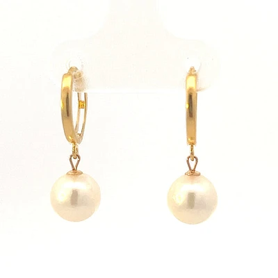 14K Yellow Gold Cultured Pearl Drop / Dangle Huggie Earrings