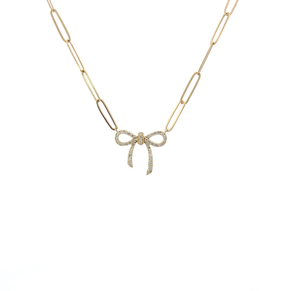 14K Yellow Gold 0.24cttw Diamond Bow Necklace, 18"