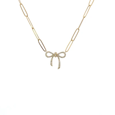 14K Yellow Gold 0.24cttw Diamond Bow Necklace, 18"