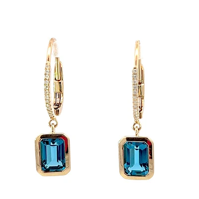 14K Yellow Gold Blue Topaz and Diamond Dangle Earrings