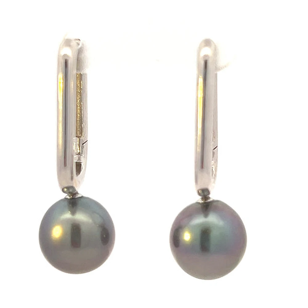 TRACKING - 10K White Gold Tahitian Pearl Drop / Dangle Huggie Earrings