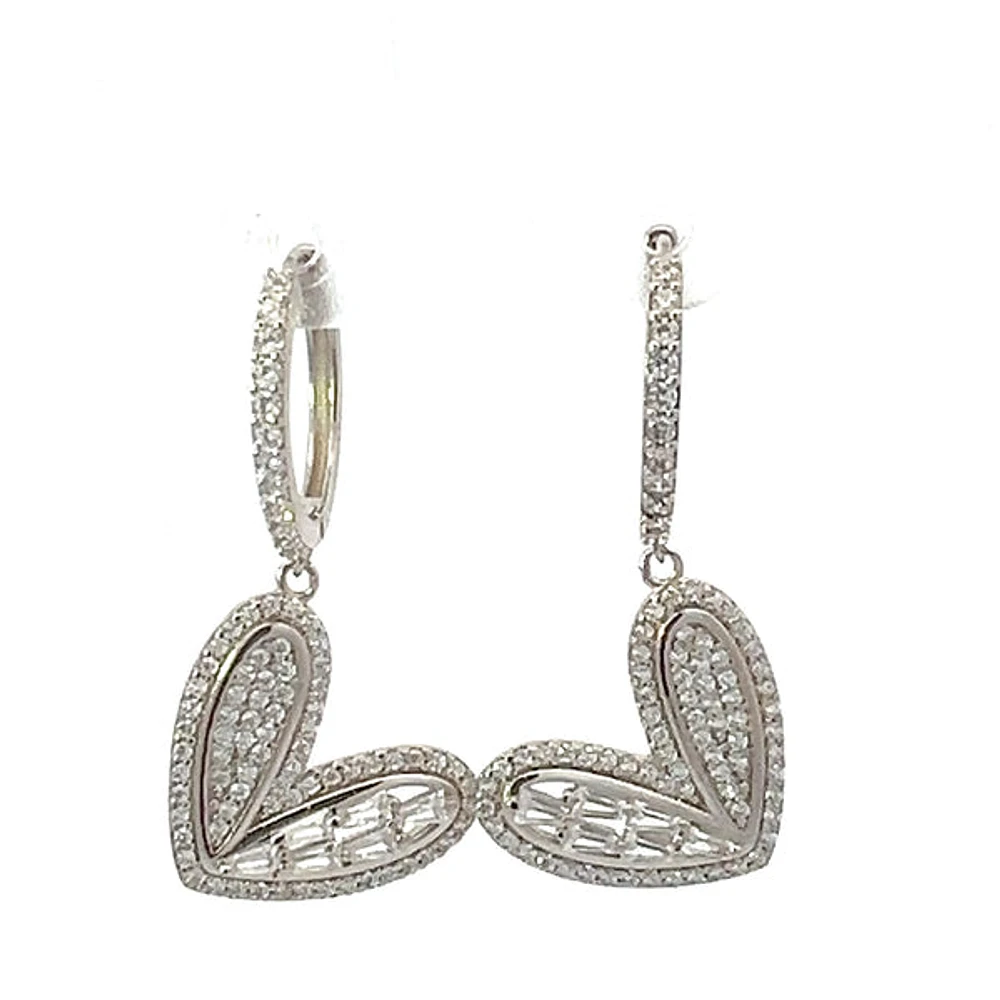 925 Sterling Silver Cubic Zirconia Huggies with Dangling Heart