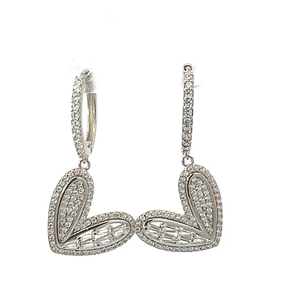 925 Sterling Silver Cubic Zirconia Huggies with Dangling Heart