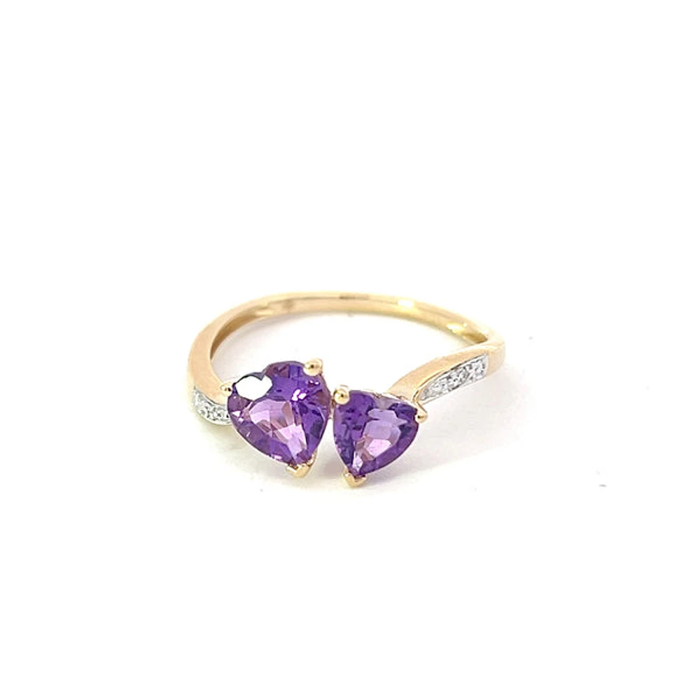 10K Yellow Gold Amethyst & Diamond Double Heart Ring, size 7