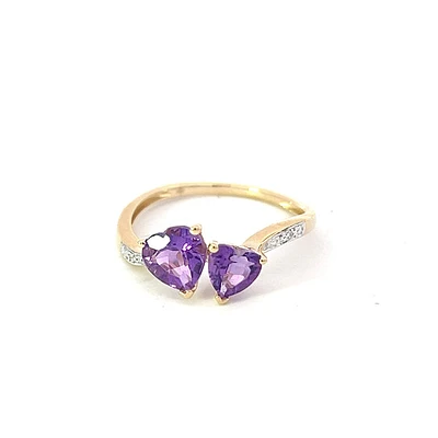 10K Yellow Gold Amethyst & Diamond Double Heart Ring, size 7